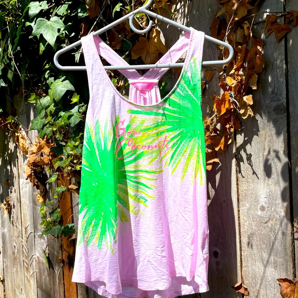 Lilly Pulitzer “Gone Coconuts” Candy Pink Tank, Slub 100% Pima Cotton- Med- EUC